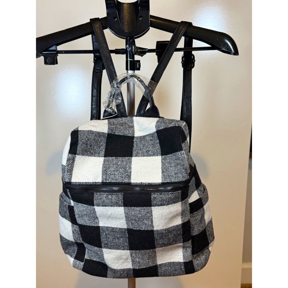 Jen & Co. Black White Plaid Wool Faux Leather Backpack Zip Closure Inner Pocket